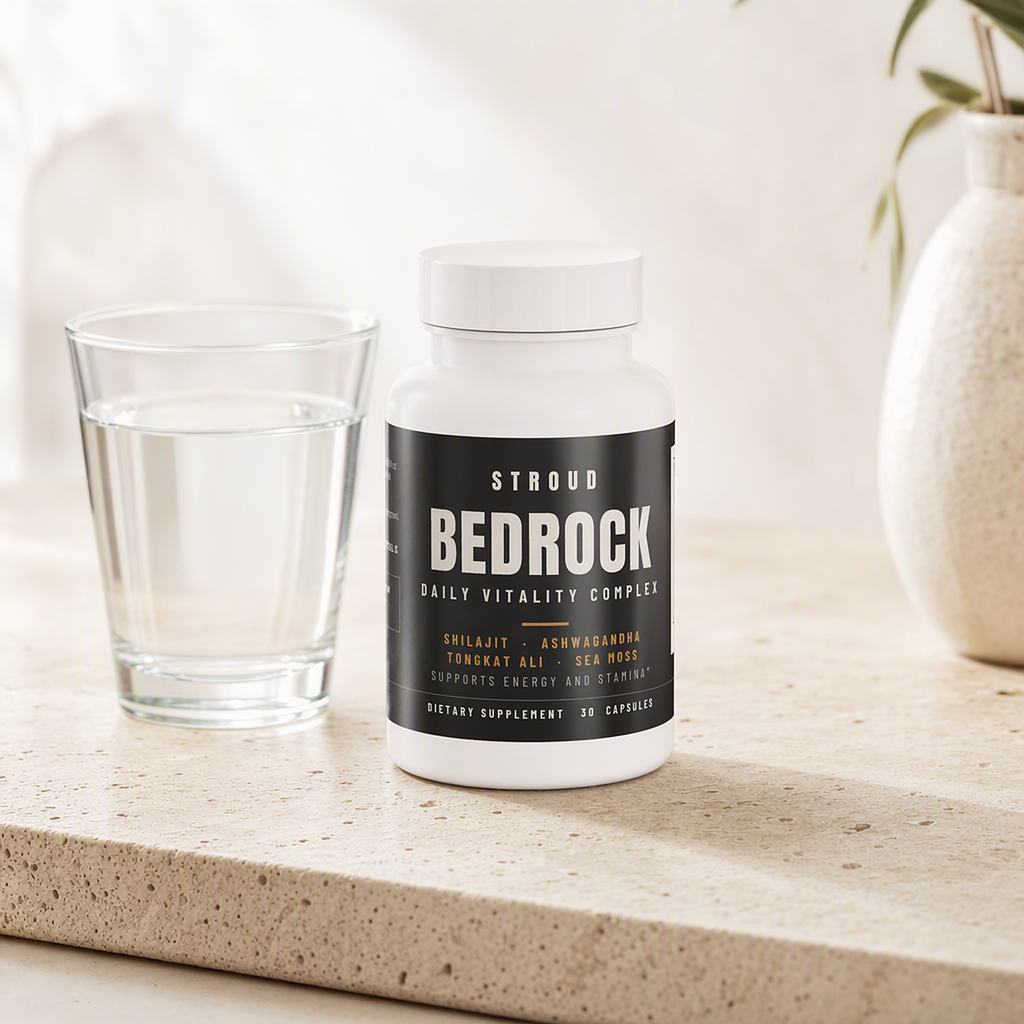 STROUD BEDROCK beside a glass of water in morning light